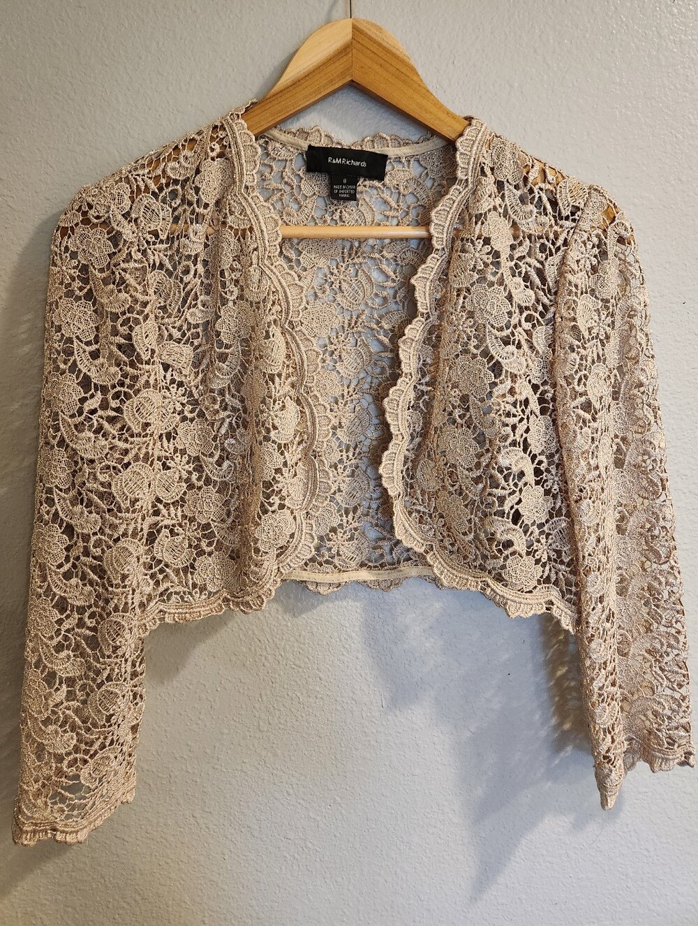 Crochet Lace Bolero Jacket Sparkle Taupe Formal Wedding